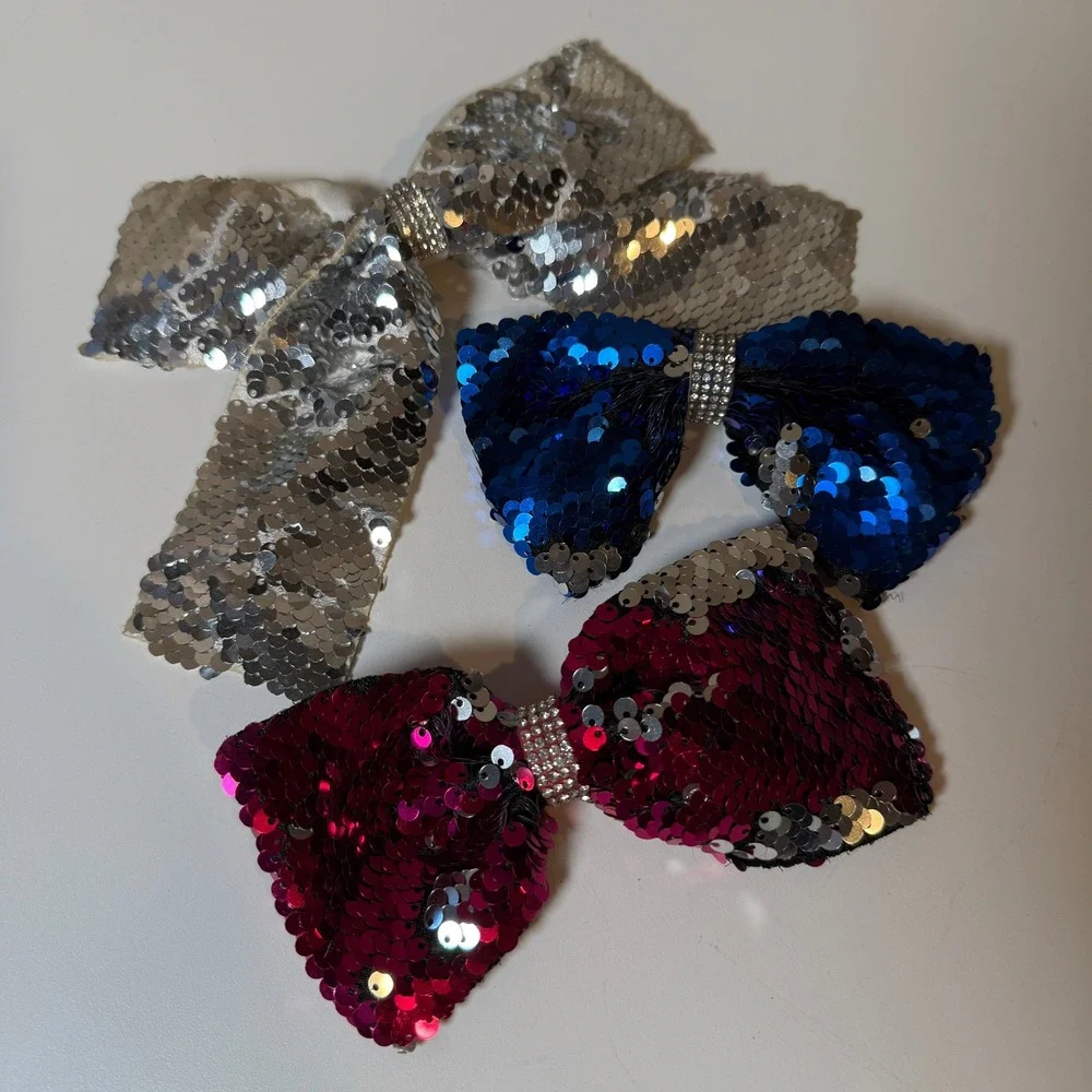 Kids‎ Sparkle Sequin Bow Hair Clips Set 3 Colors Blue Pink Silver